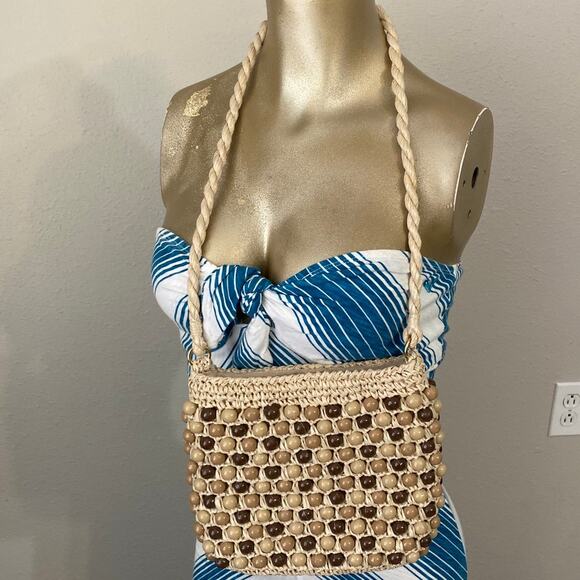 Vintage Macrame Woven Beaded Shoulder Bag Medium Festival - Picture 2 of 10